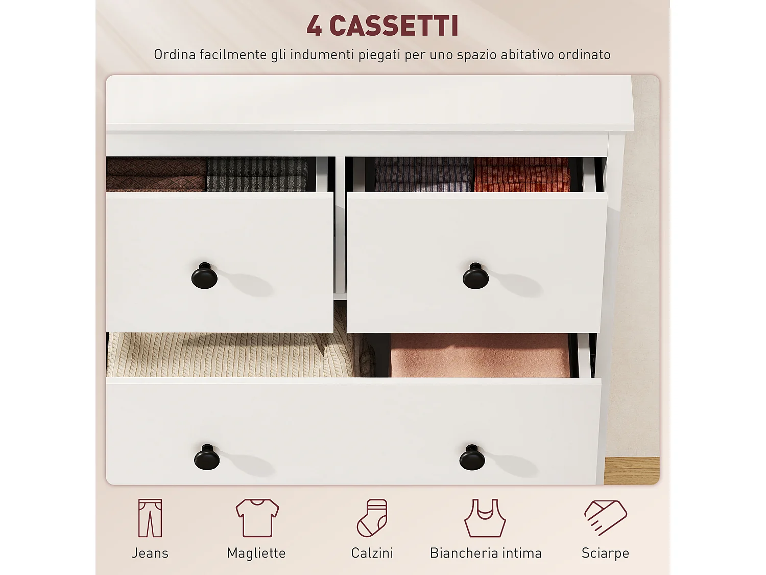 Cassettiera camera da letto 4 cassetti como camera da letto in legno con piedini antiscivolo