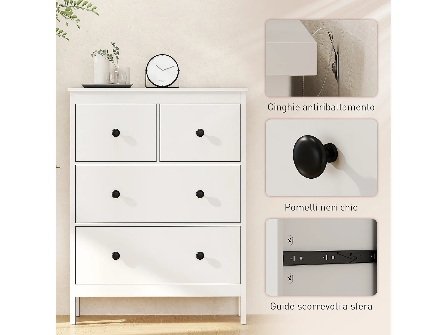 Cassettiera camera da letto 4 cassetti como camera da letto in legno con piedini antiscivolo