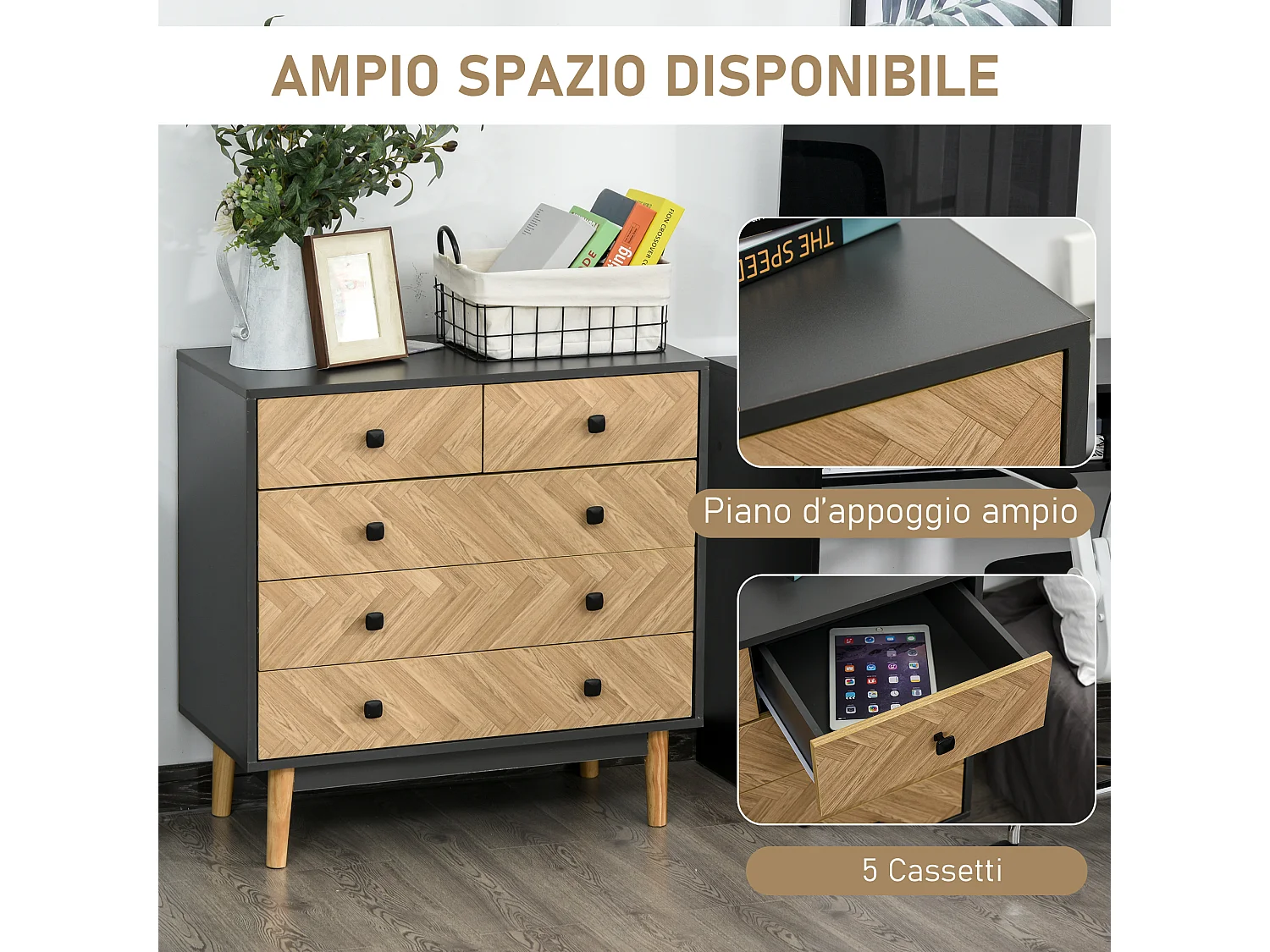 Cassettiera stile vintage industriale con cassetti in legno grigio
