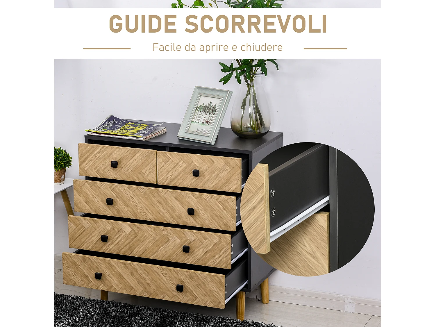 Cassettiera stile vintage industriale con cassetti in legno grigio