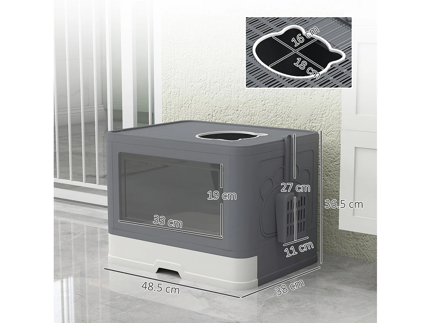 Lettiera per gatti chiusa con doppia entrata cassetto e paletta grigio