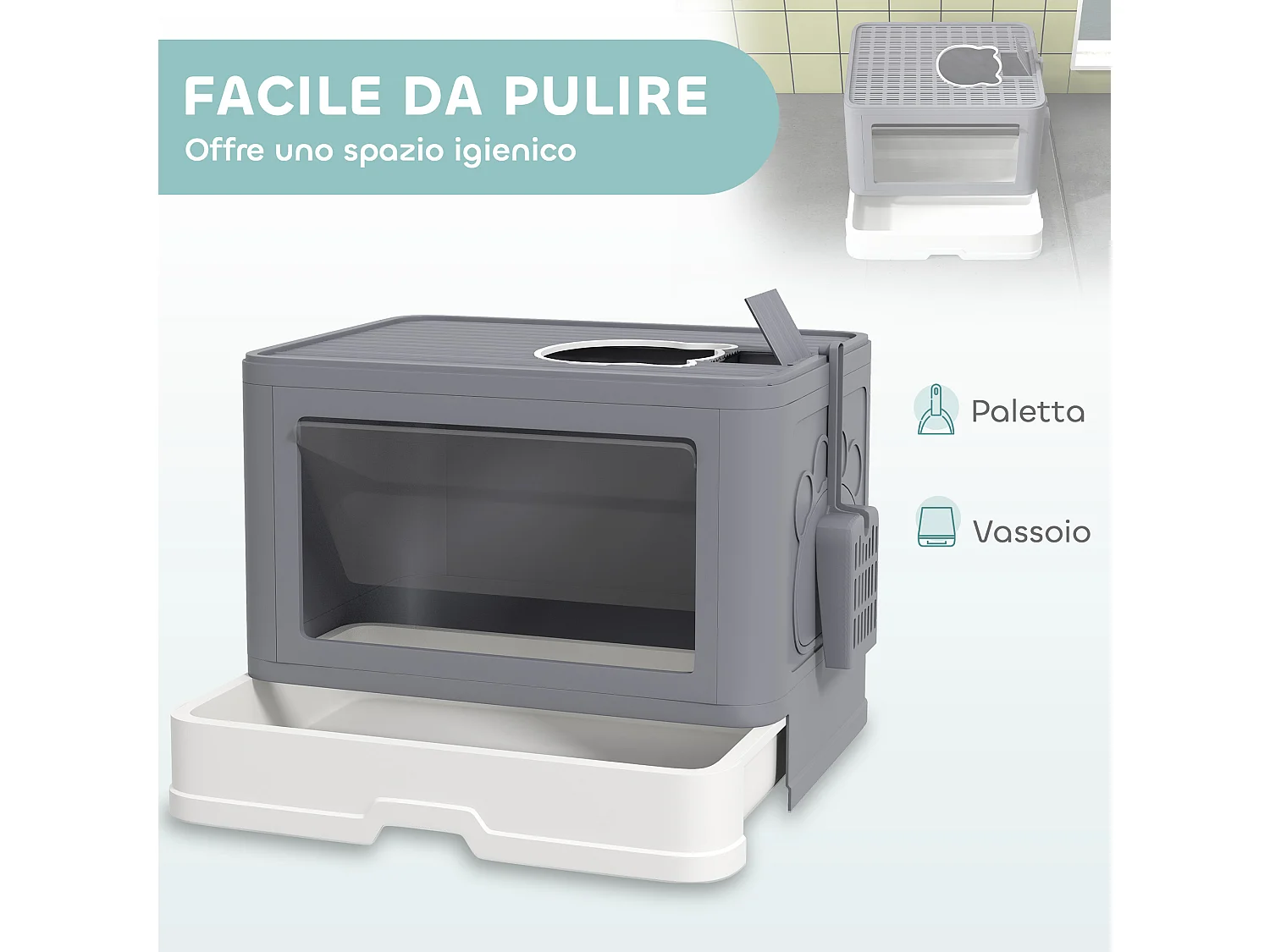 Lettiera per gatti chiusa con doppia entrata cassetto e paletta grigio