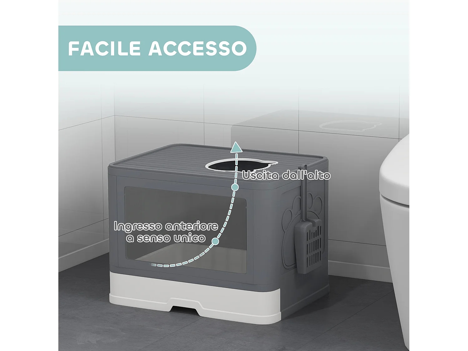 Lettiera per gatti chiusa con doppia entrata cassetto e paletta grigio