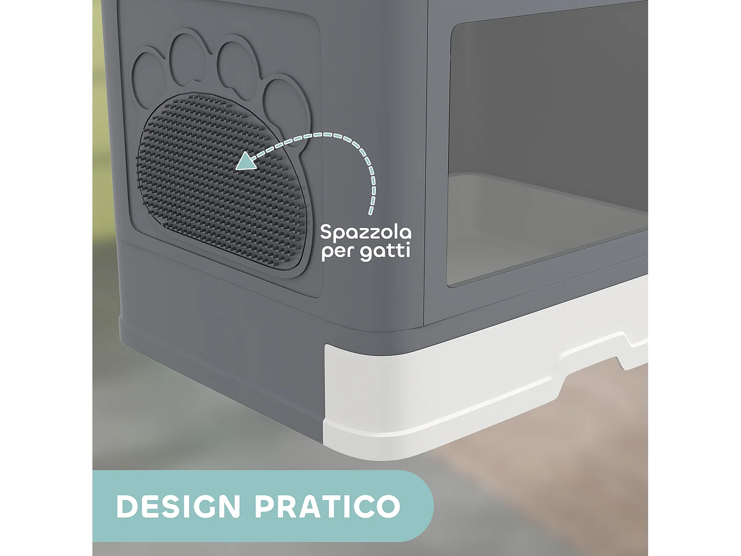 Lettiera per gatti chiusa con doppia entrata cassetto e paletta grigio
