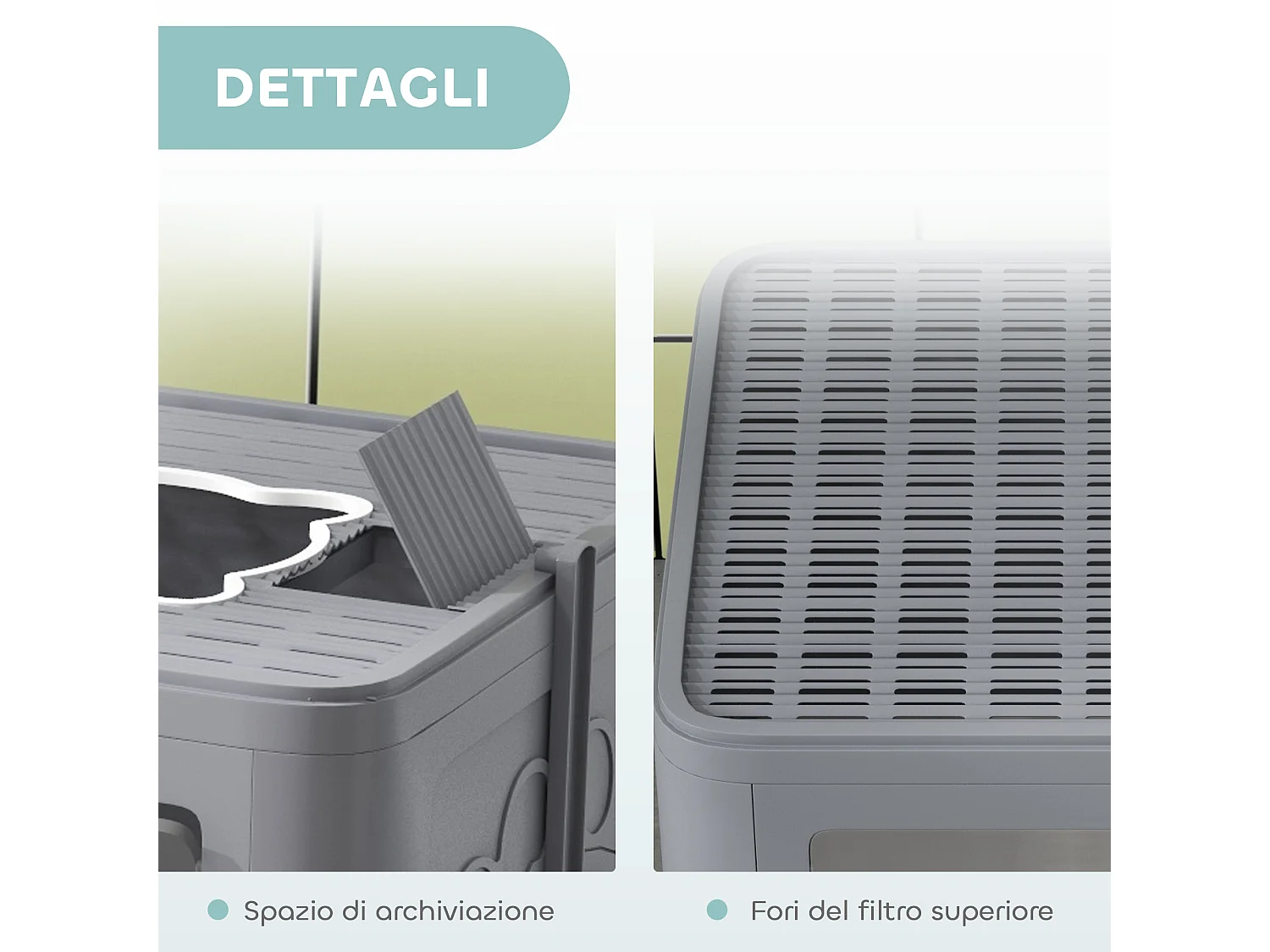 Lettiera per gatti chiusa con doppia entrata cassetto e paletta grigio