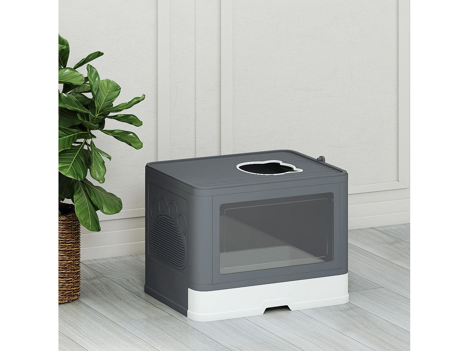 Lettiera per gatti chiusa con doppia entrata cassetto e paletta grigio