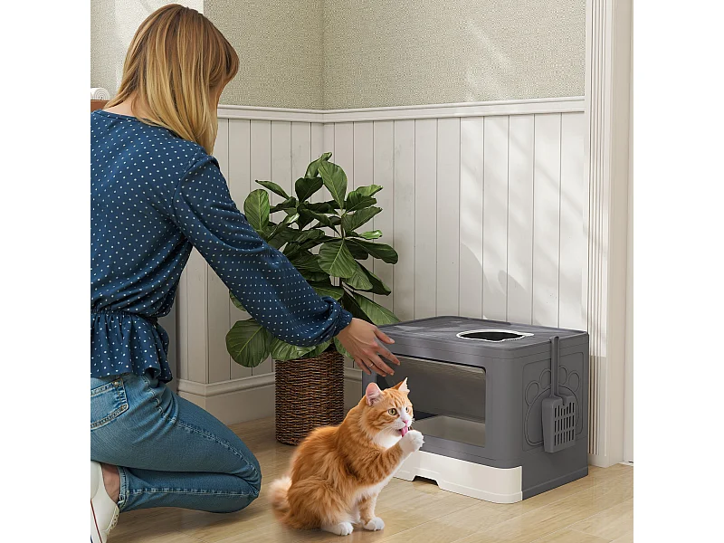 Lettiera per gatti chiusa con doppia entrata cassetto e paletta grigio