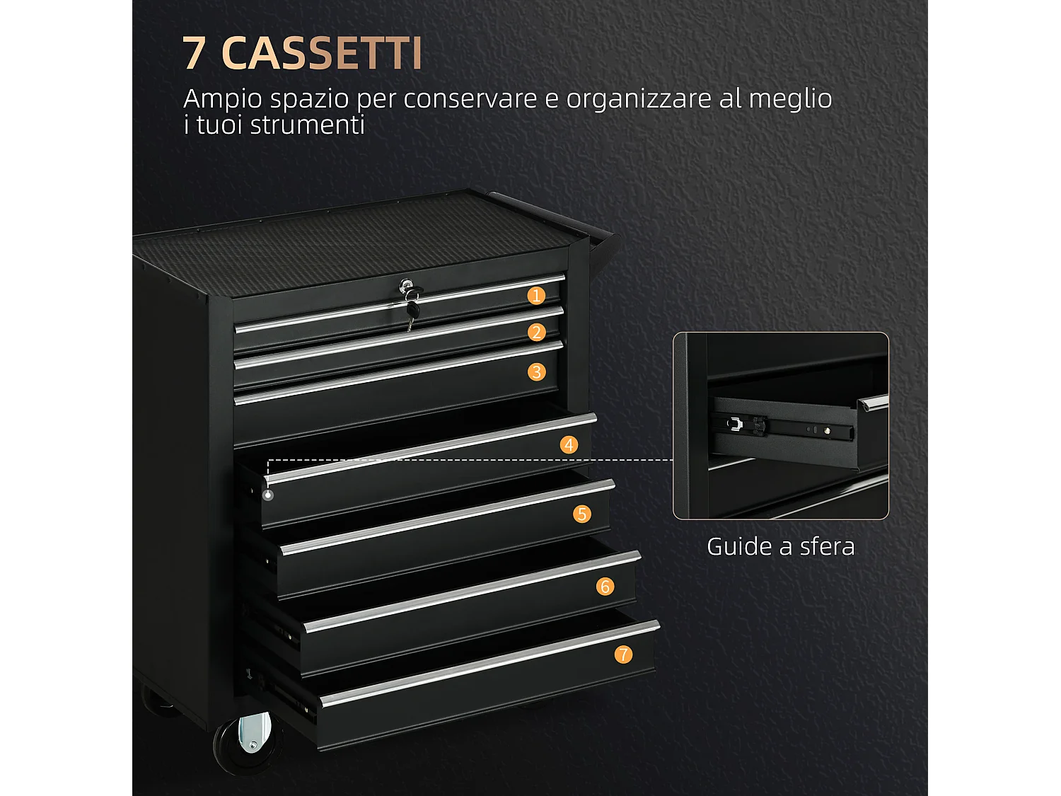Carrello officina a 7 cassetti con serratura e chiavi in acciaio nero