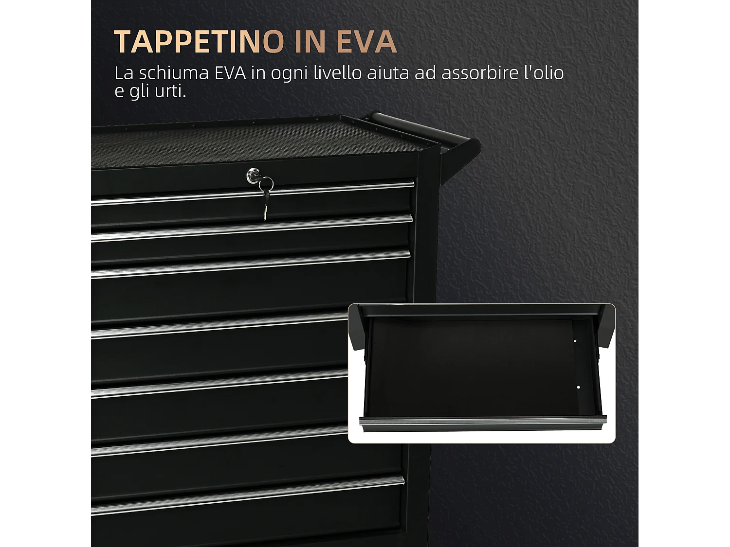 Carrello officina a 7 cassetti con serratura e chiavi in acciaio nero