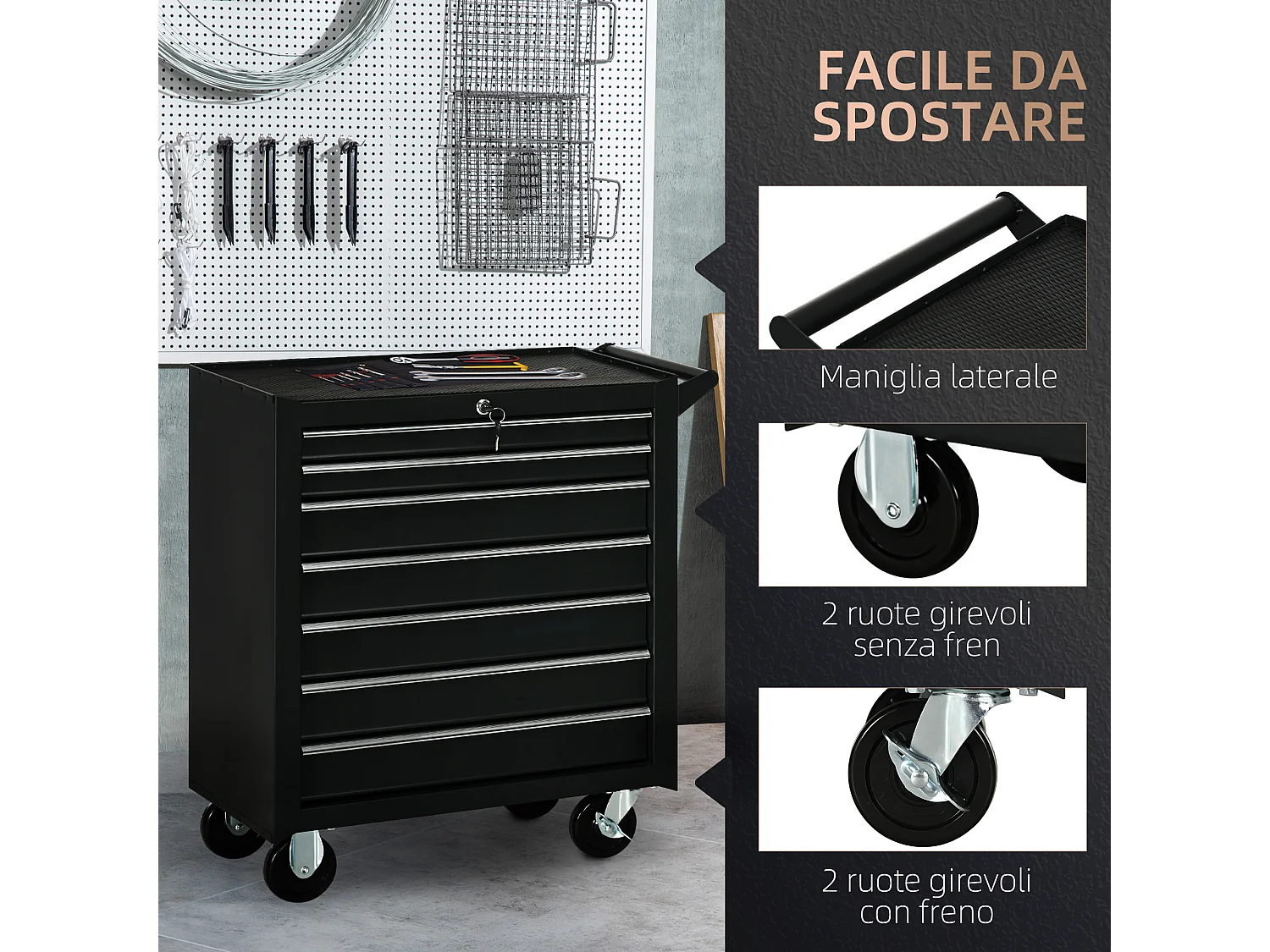 Carrello officina a 7 cassetti con serratura e chiavi in acciaio nero