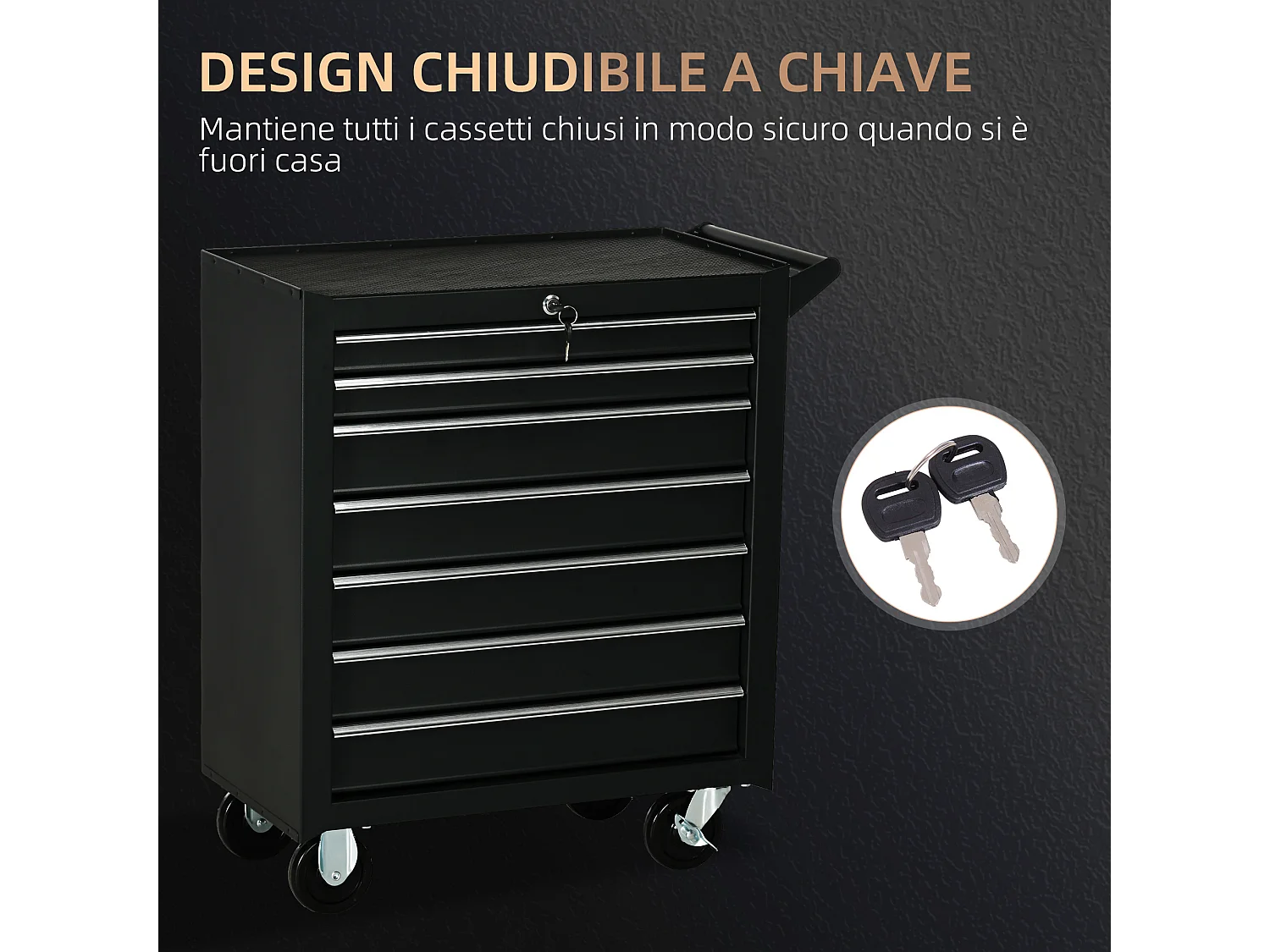 Carrello officina a 7 cassetti con serratura e chiavi in acciaio nero