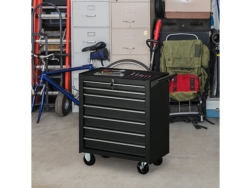 Carrello officina a 7 cassetti con serratura e chiavi in acciaio nero
