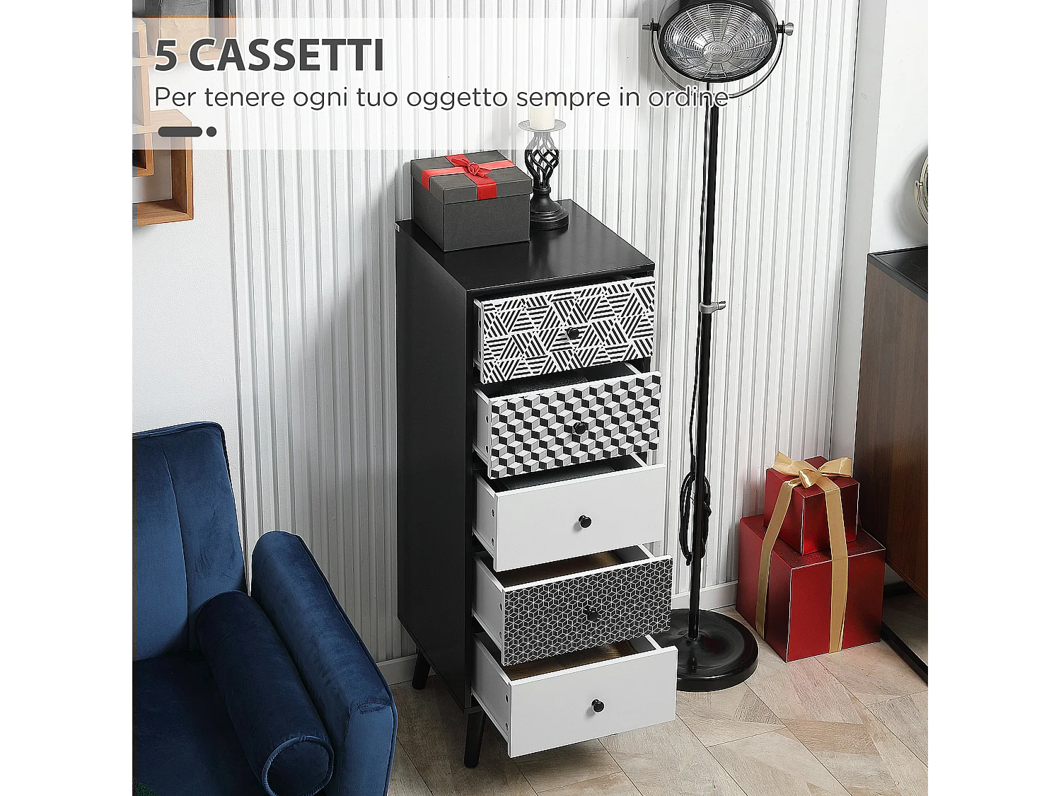 Mobile cassettiera 5 cassetti 39.5x39.5x110cm nero e grigio