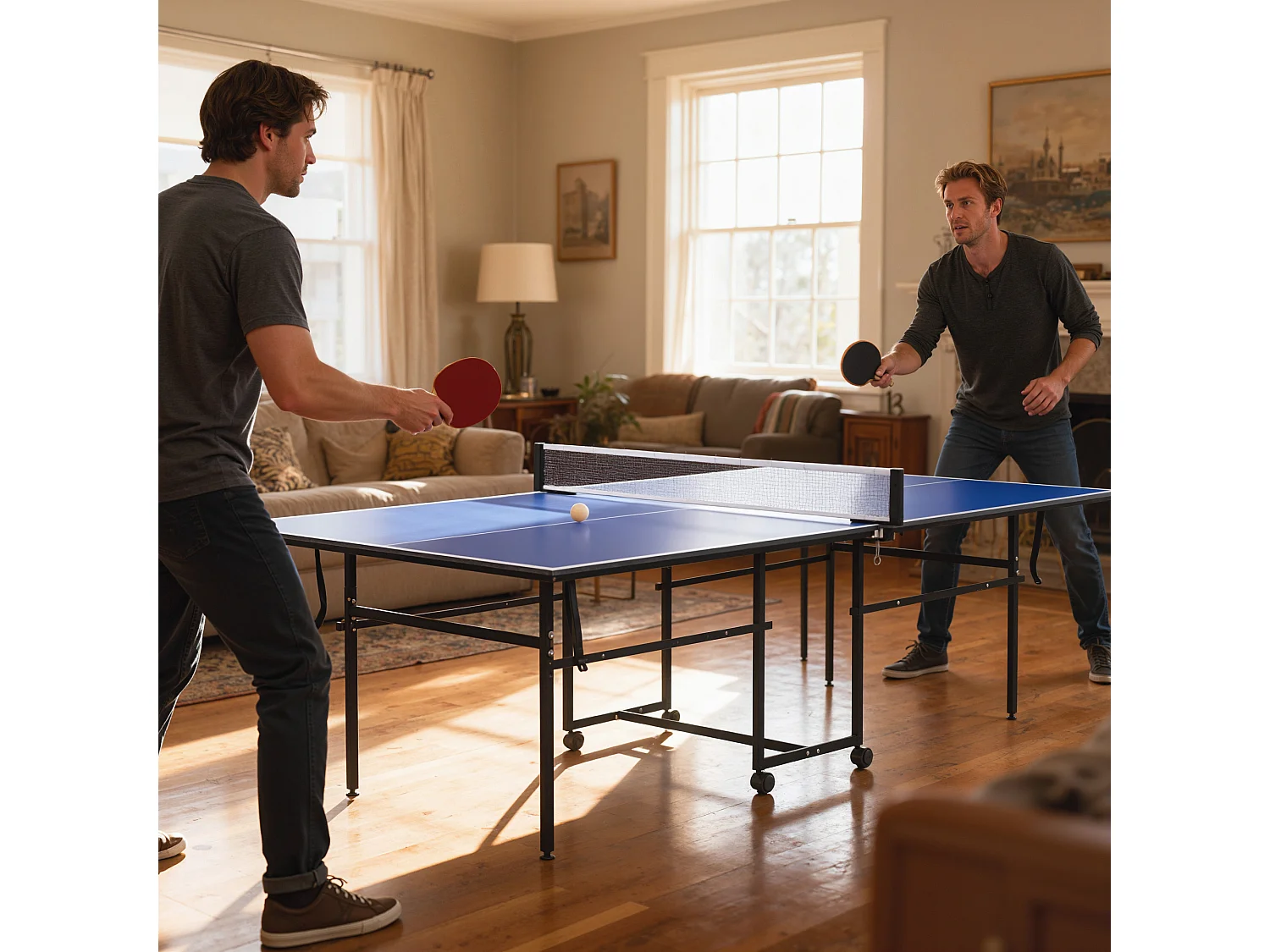 Tavolo da ping pong pieghevole con ruote racchette e rete blu