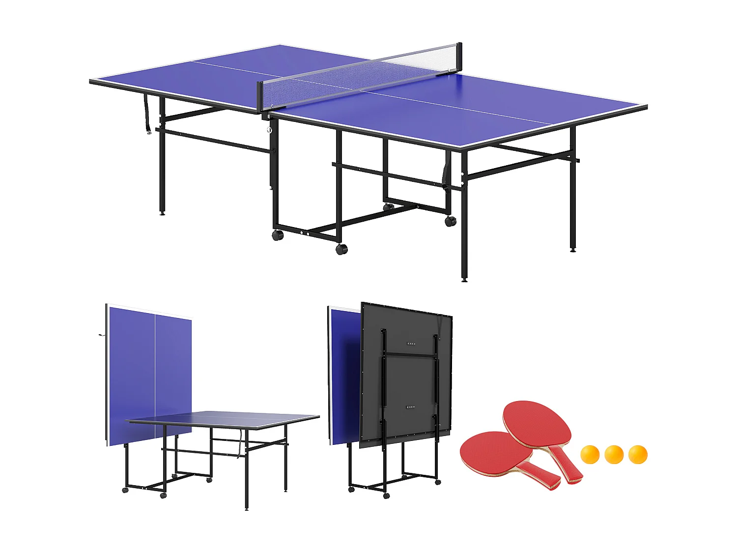 Tavolo da ping pong pieghevole con ruote racchette e rete blu