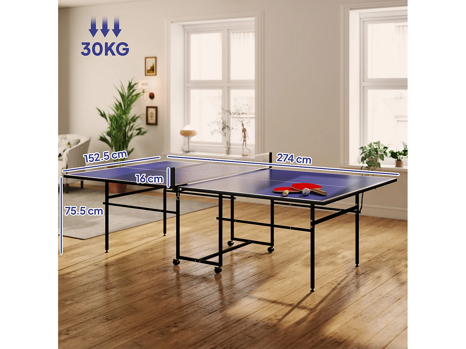 Tavolo da ping pong pieghevole con ruote racchette e rete blu