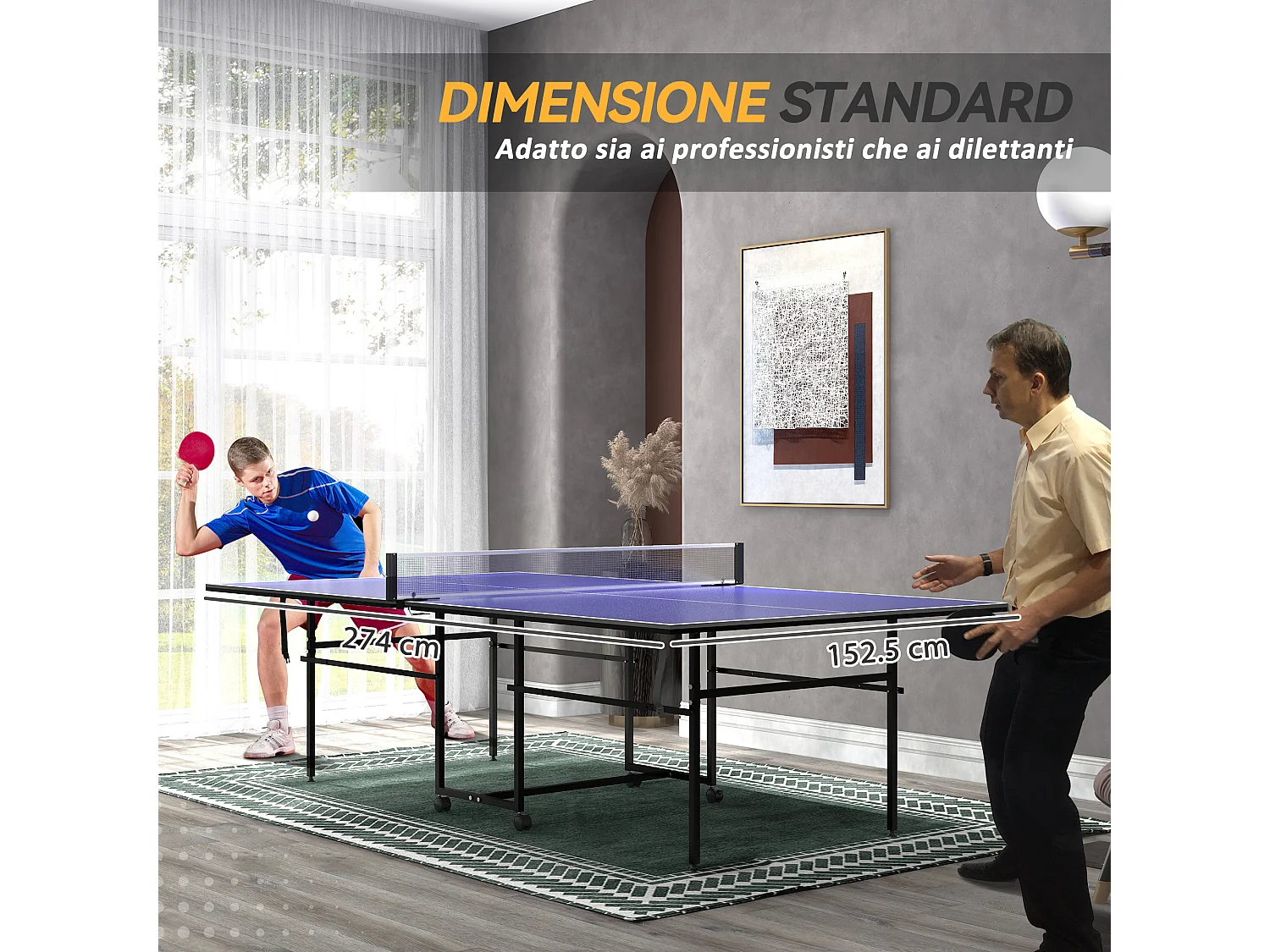 Tavolo da ping pong pieghevole con ruote racchette e rete blu