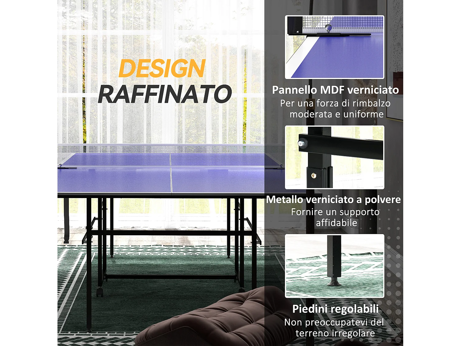 Tavolo da ping pong pieghevole con ruote racchette e rete blu