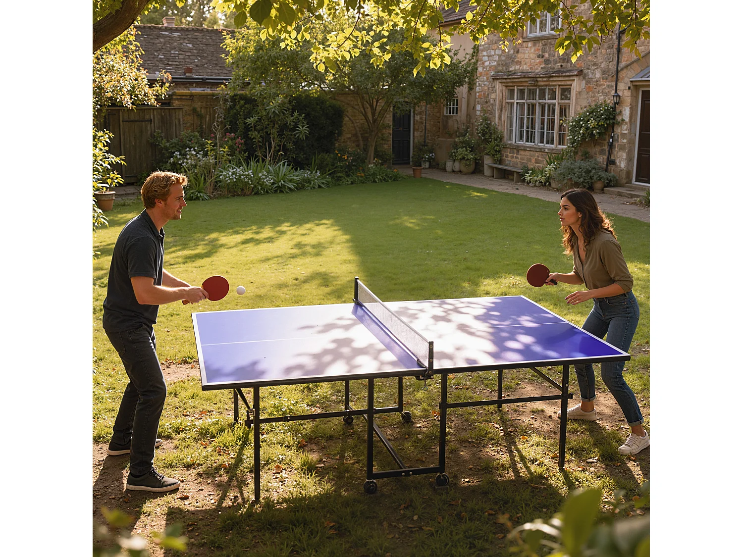 Tavolo da ping pong pieghevole con ruote racchette e rete blu