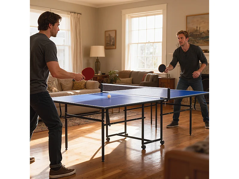 Tavolo da ping pong pieghevole con ruote racchette e rete blu