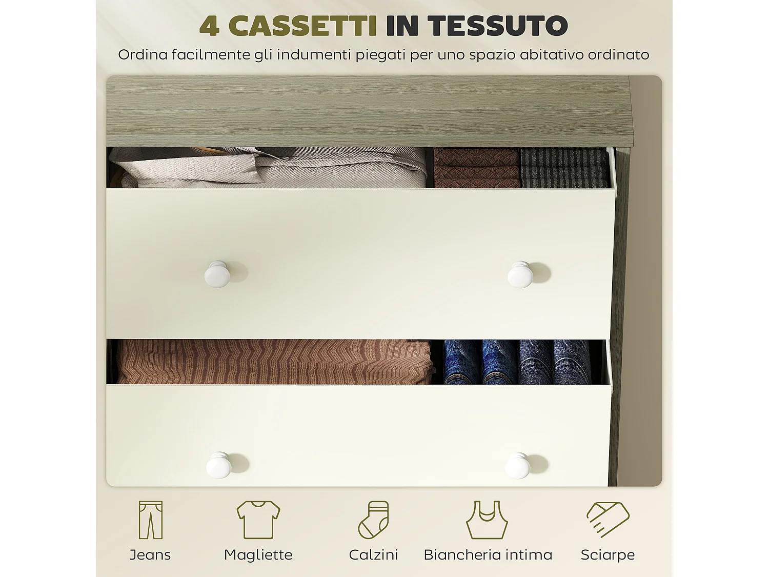 Cassettiera in tessuto con 4 cassetti pieghevoli con maniglie doppie