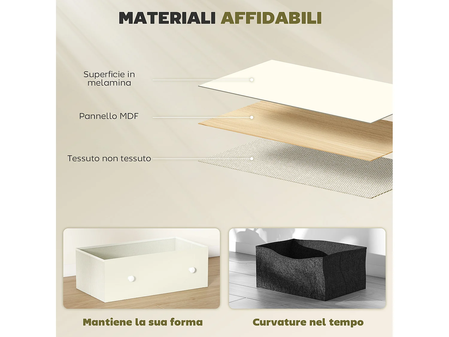 Cassettiera in tessuto con 4 cassetti pieghevoli con maniglie doppie