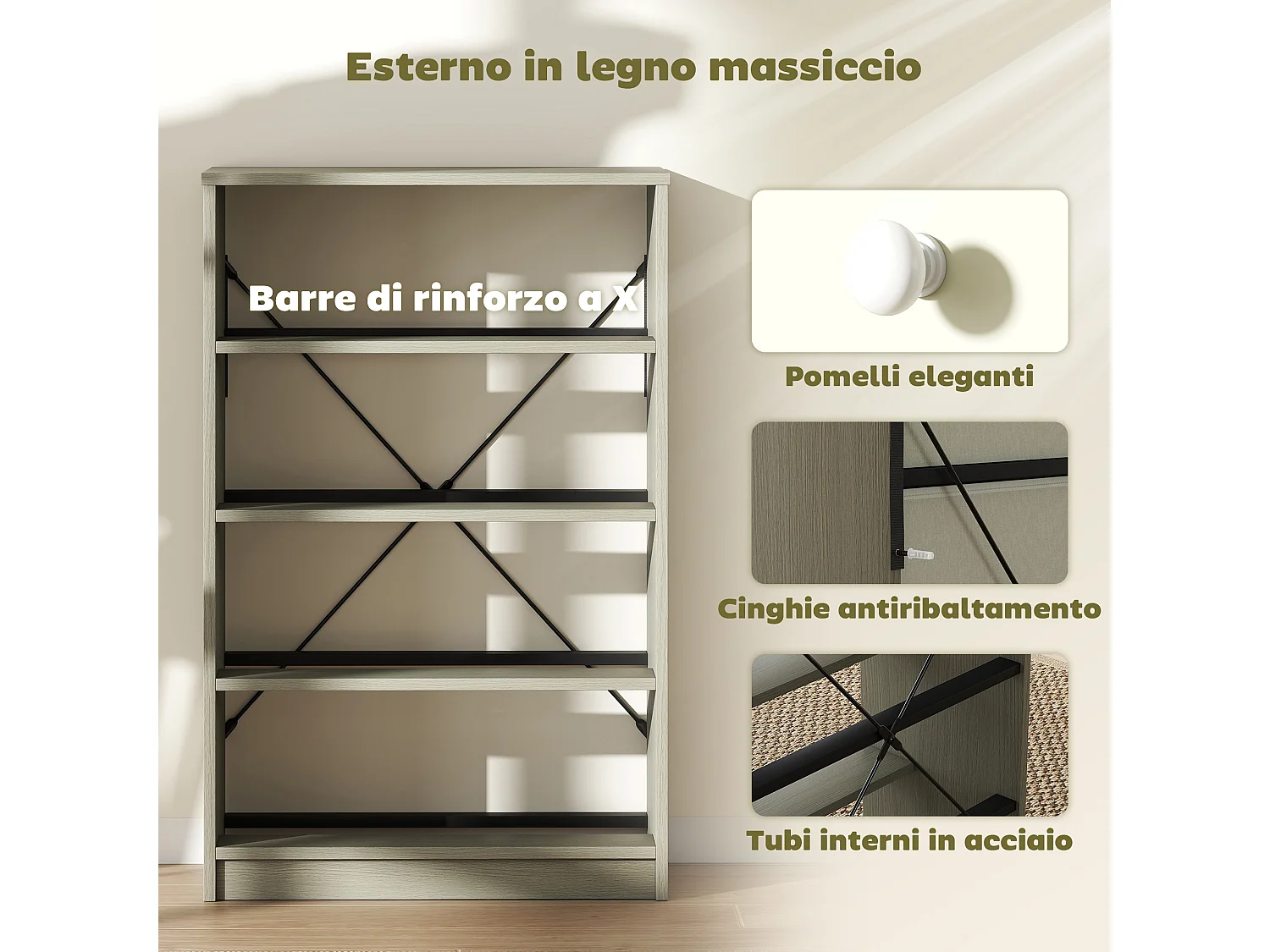 Cassettiera in tessuto con 4 cassetti pieghevoli con maniglie doppie