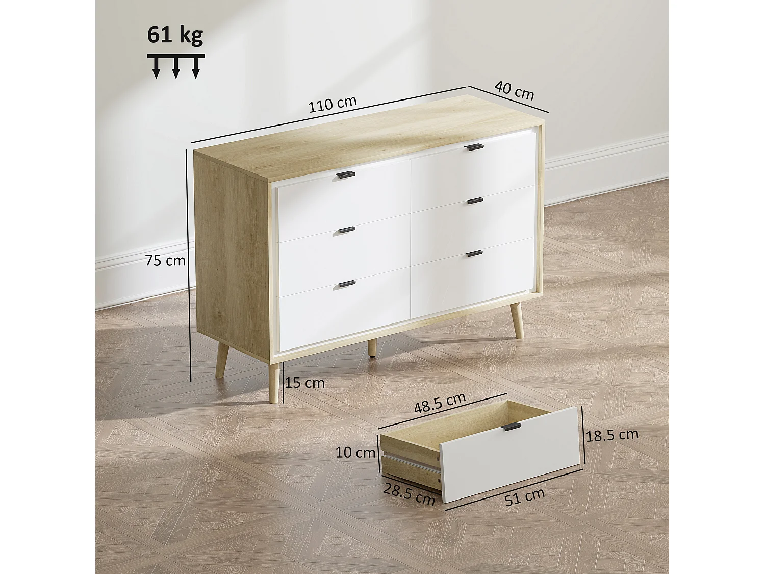 Cassettiera camera da letto 6 cassetti como camera da letto con 5 gambe in legno e maniglia