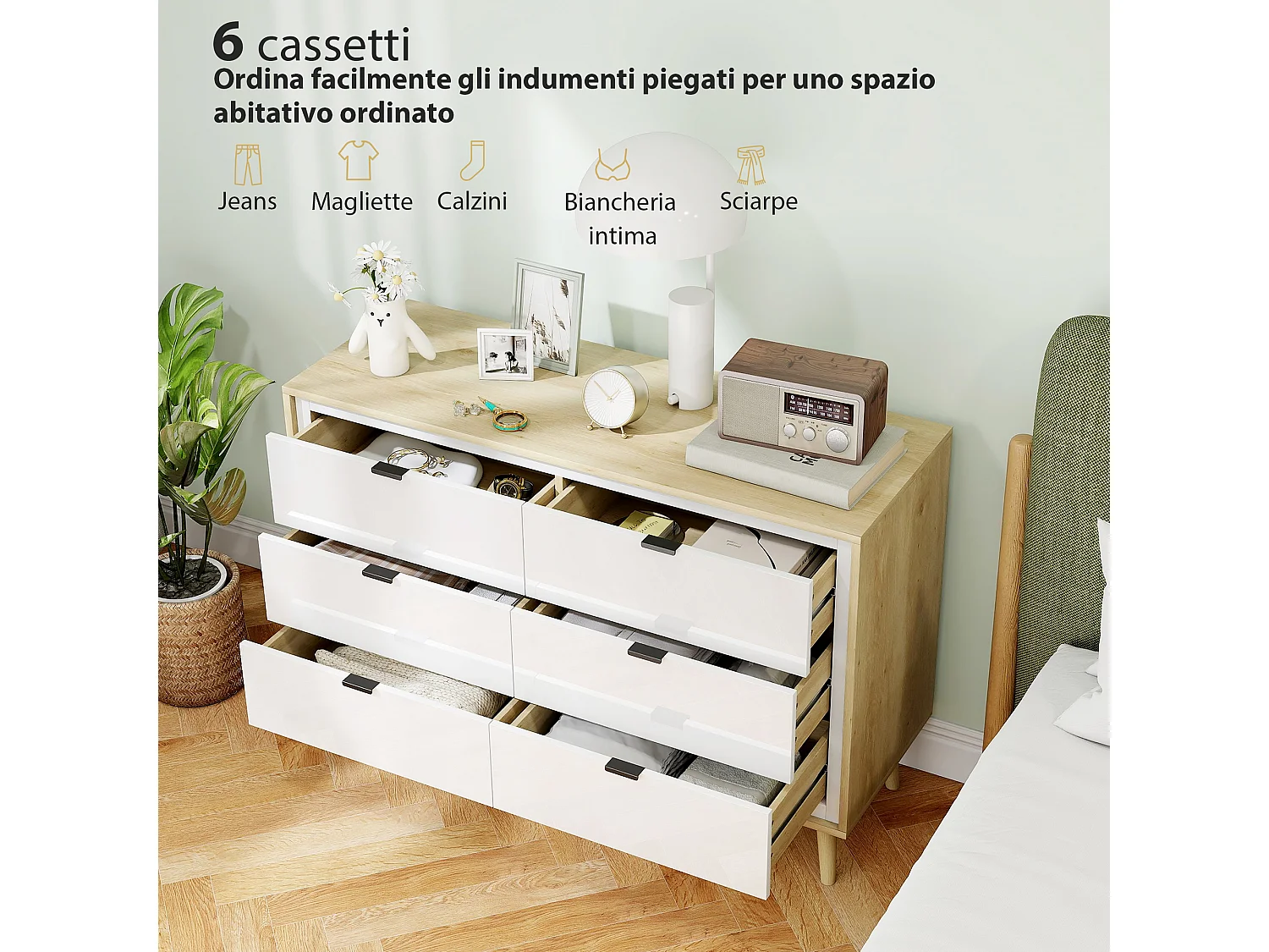Cassettiera camera da letto 6 cassetti como camera da letto con 5 gambe in legno e maniglia