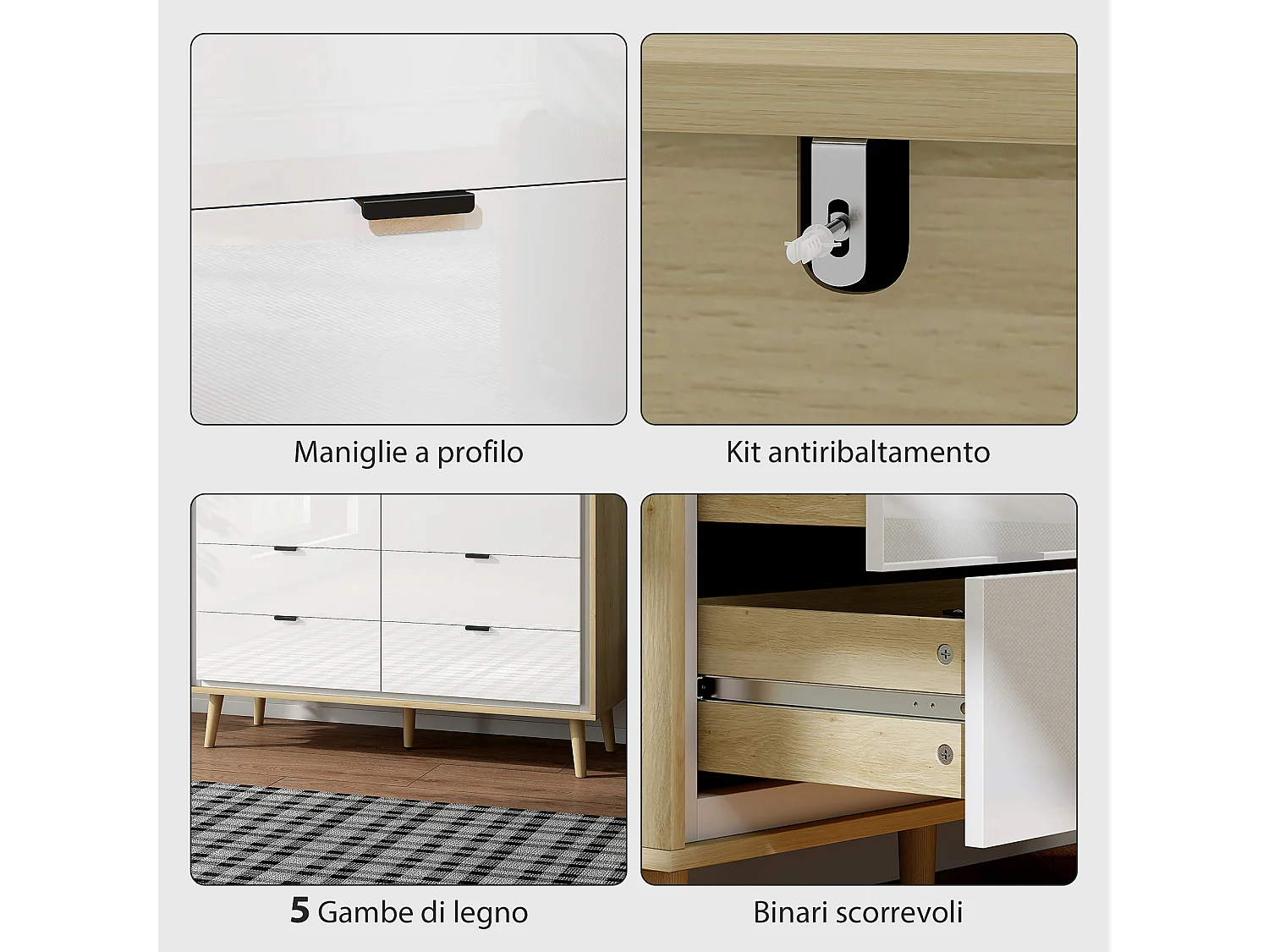 Cassettiera camera da letto 6 cassetti como camera da letto con 5 gambe in legno e maniglia