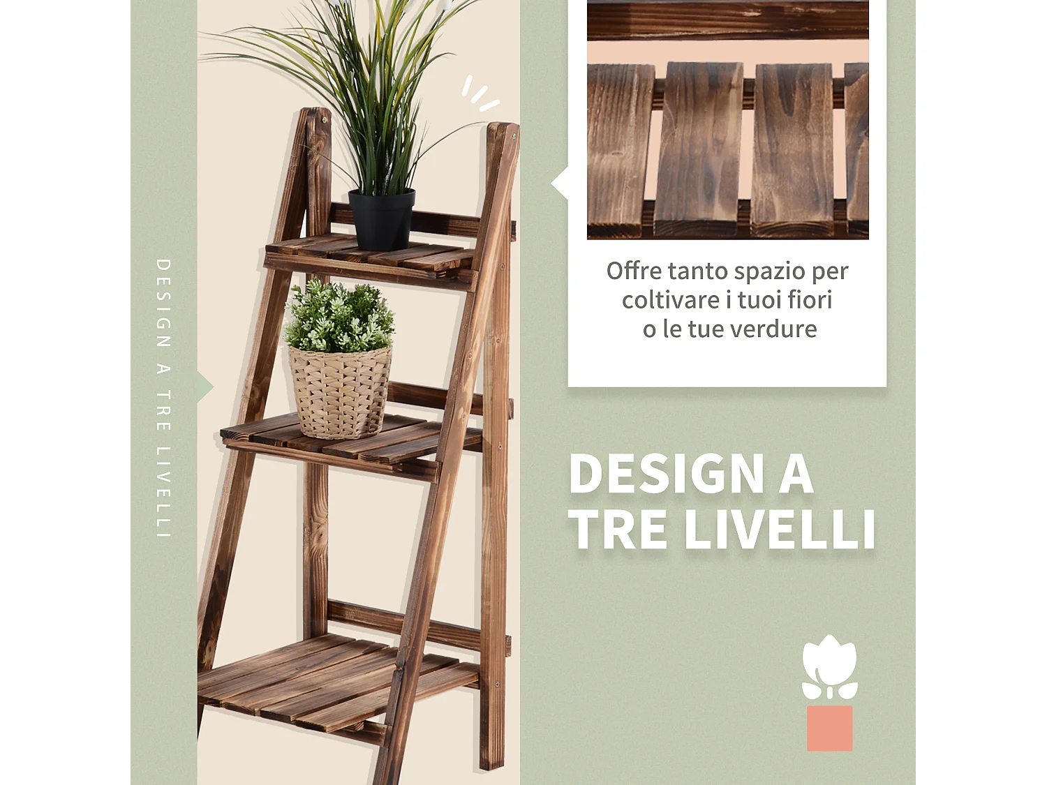 Portapiante pieghevole portavasi in legno di abete 3 livelli