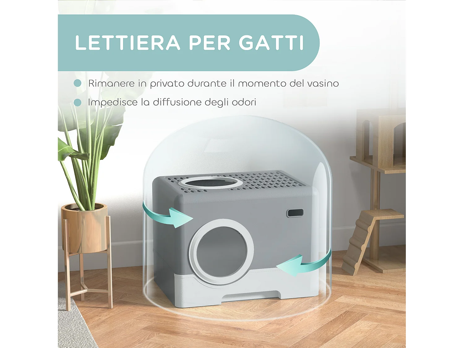 Lettiera per gatti chiusa con paletta e vassoio estraibile grigio