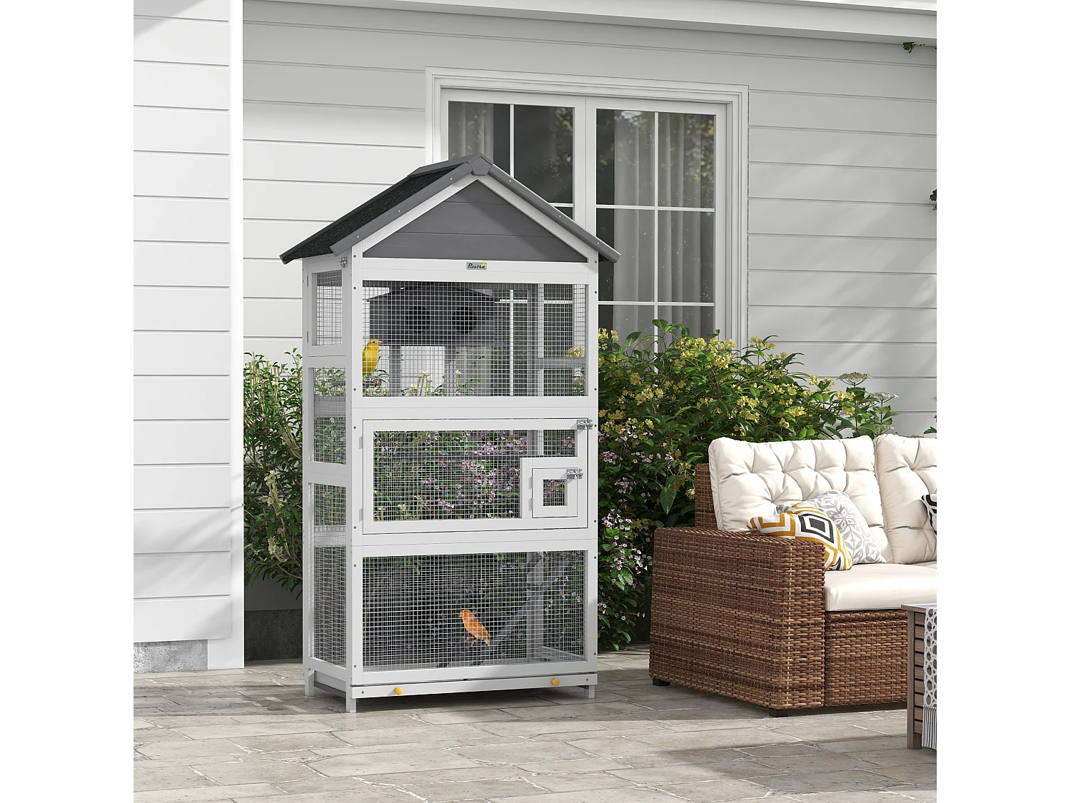 Voliera per uccellini a 3 porte in legno e metallo grigia e nera