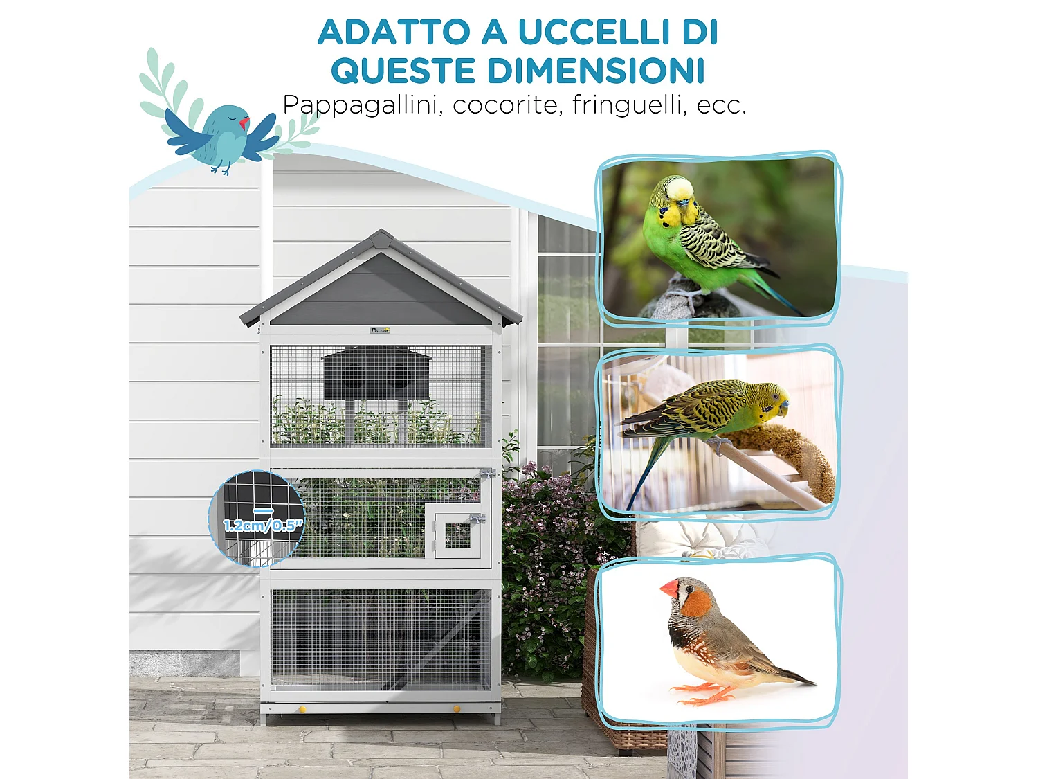 Voliera per uccellini a 3 porte in legno e metallo grigia e nera