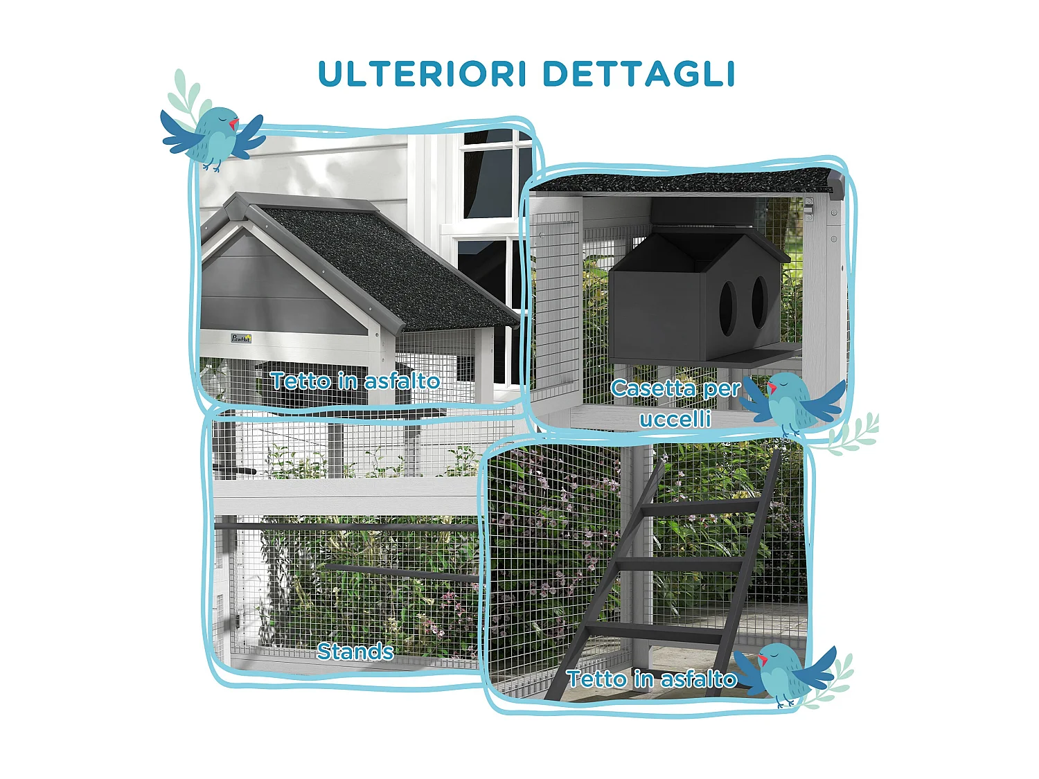 Voliera per uccellini a 3 porte in legno e metallo grigia e nera