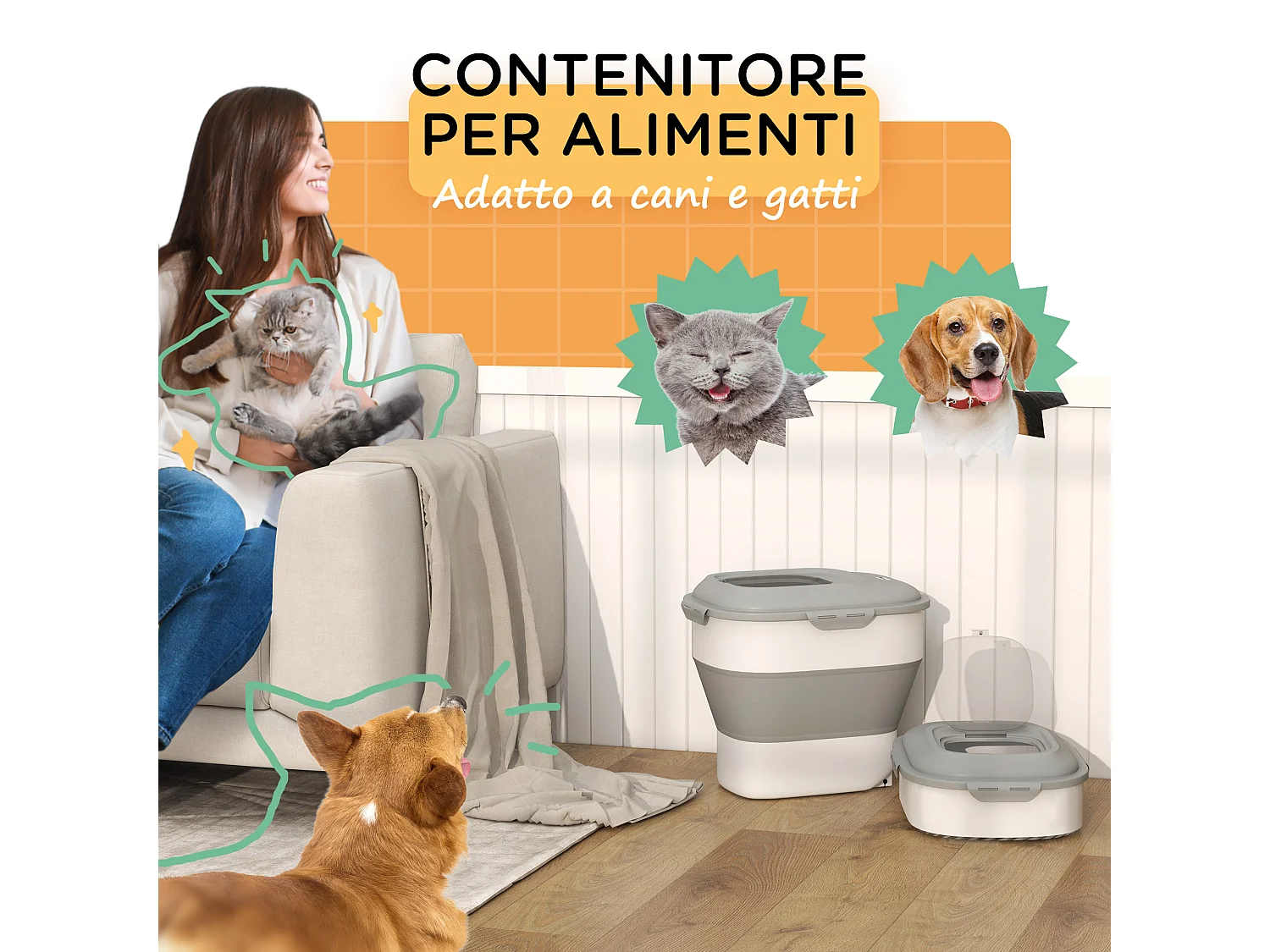 Porta crocchette cani capacità 5-25l con chiusura ermetica grigio