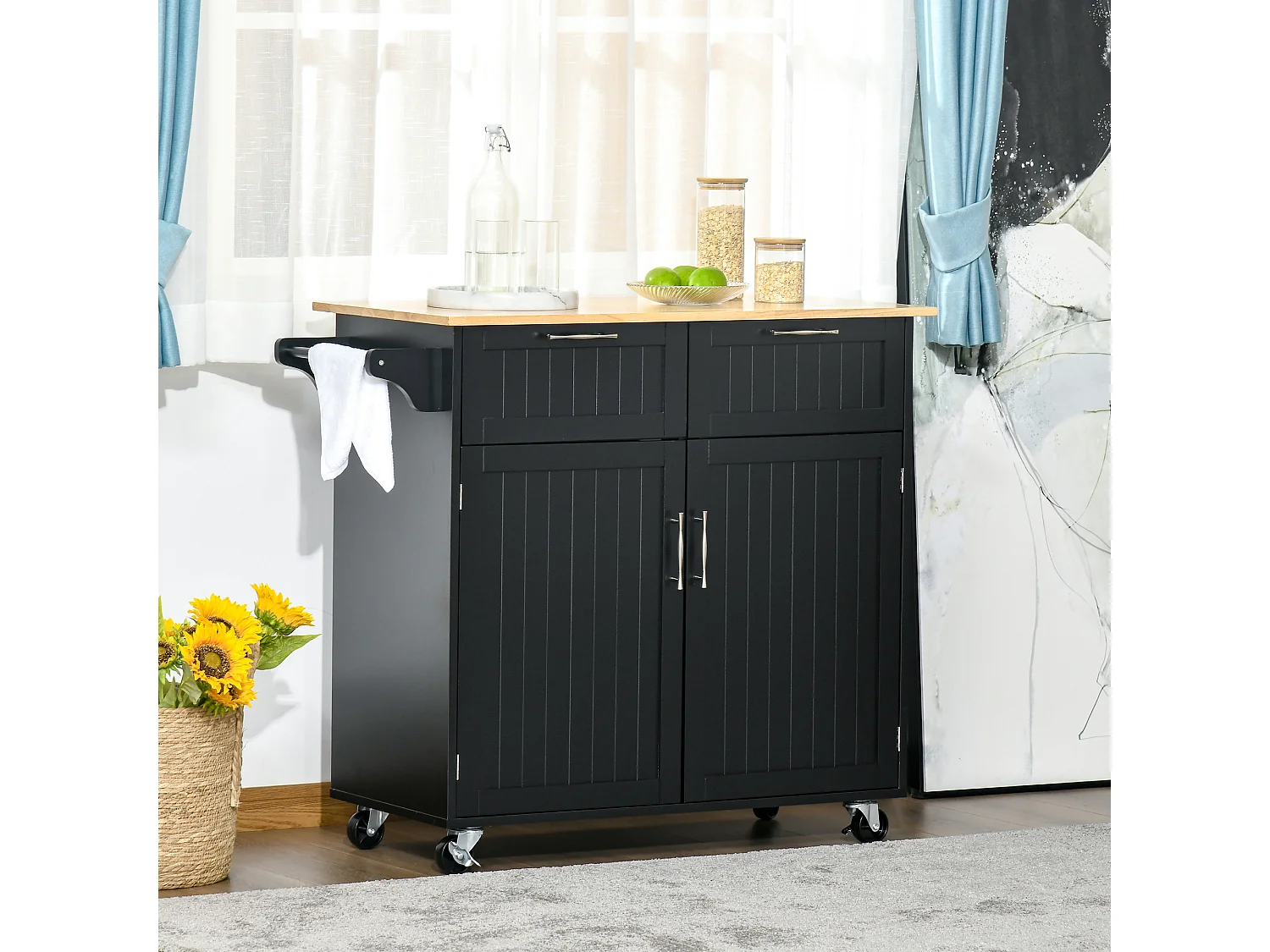 Isola cucina con piano di lavoro in legno di caucciù, carrello cucina con ruote