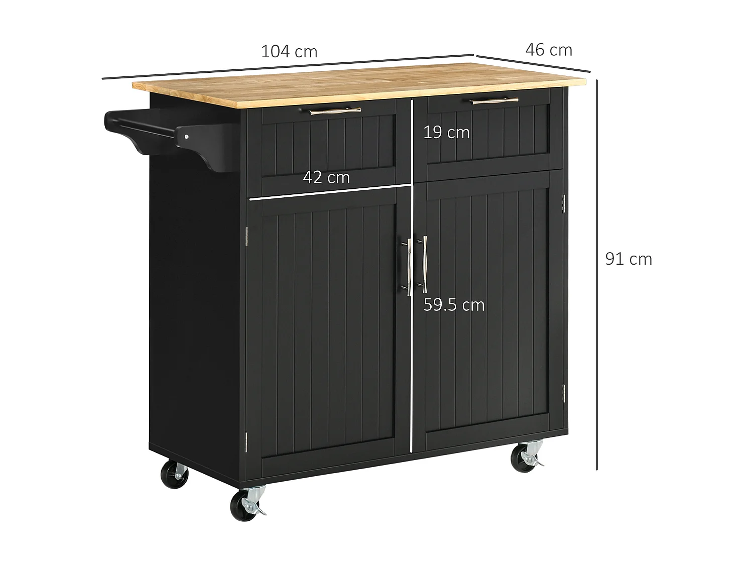 Isola cucina con piano di lavoro in legno di caucciù, carrello cucina con ruote