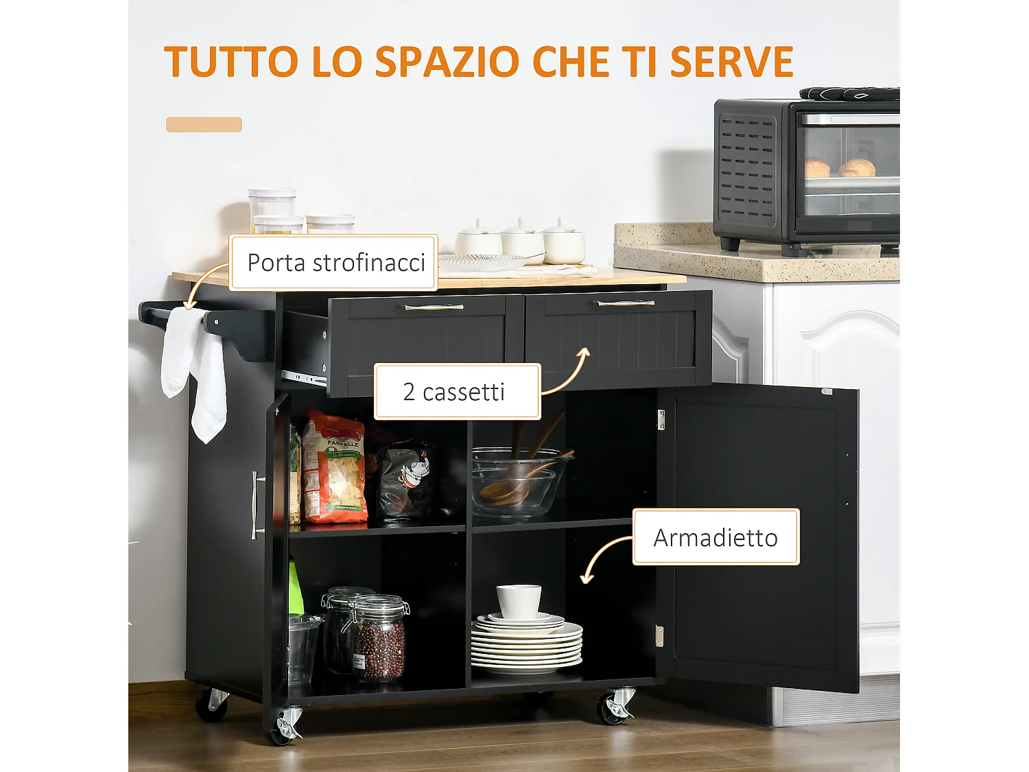 Isola cucina con piano di lavoro in legno di caucciù, carrello cucina con ruote