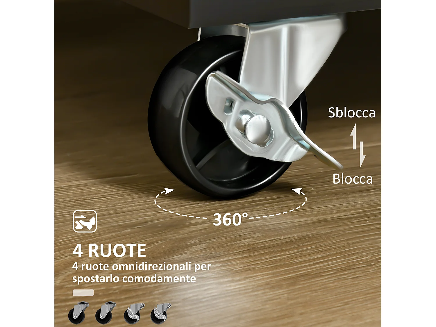 Isola cucina con piano di lavoro in legno di caucciù, carrello cucina con ruote