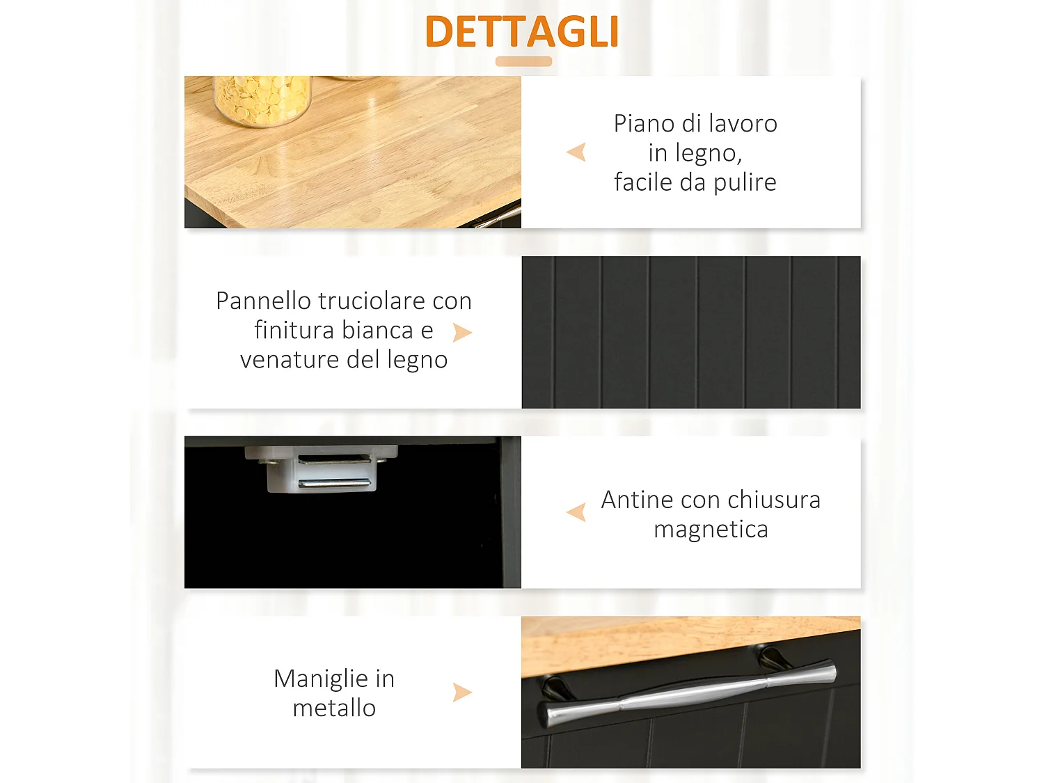 Isola cucina con piano di lavoro in legno di caucciù, carrello cucina con ruote