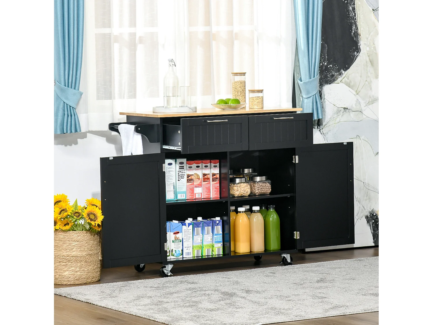 Isola cucina con piano di lavoro in legno di caucciù, carrello cucina con ruote