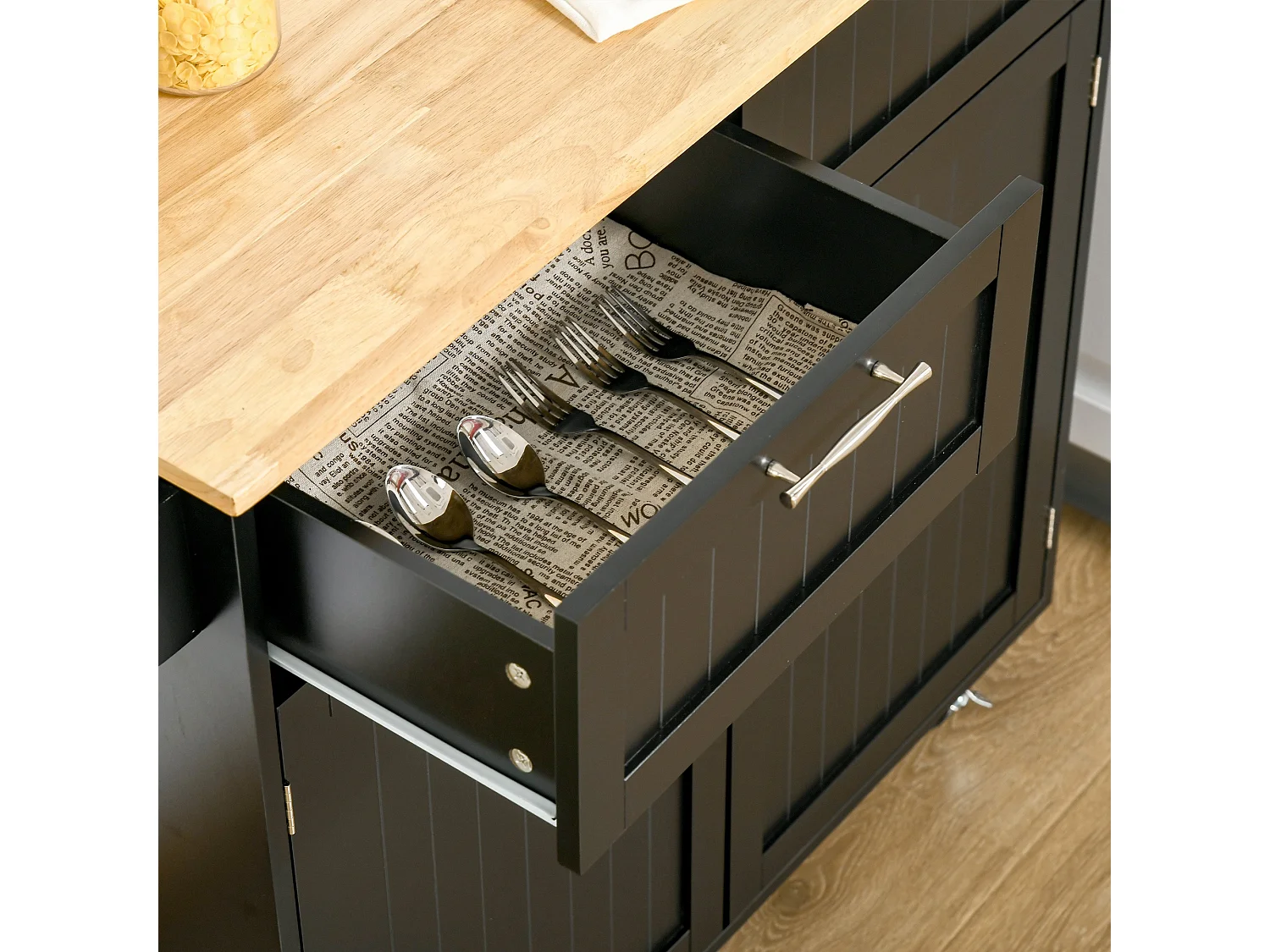 Isola cucina con piano di lavoro in legno di caucciù, carrello cucina con ruote