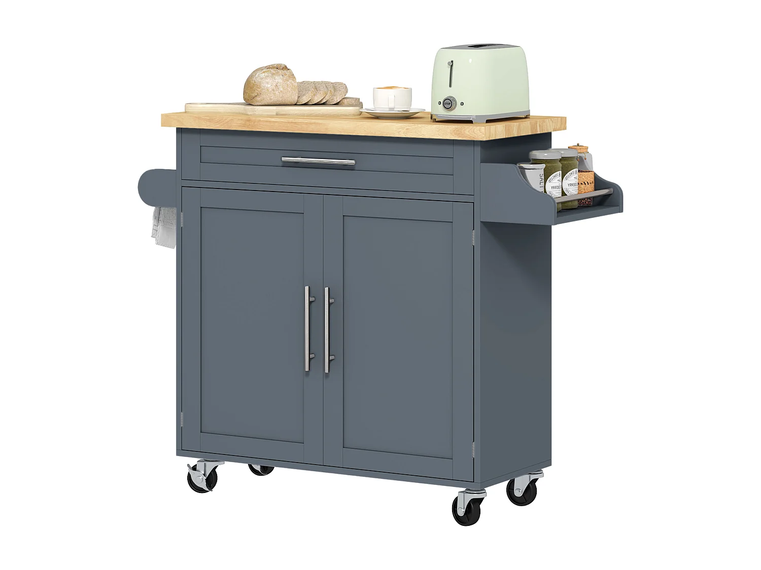Carrello da cucina con cassetto e armadietto color legno e grigio