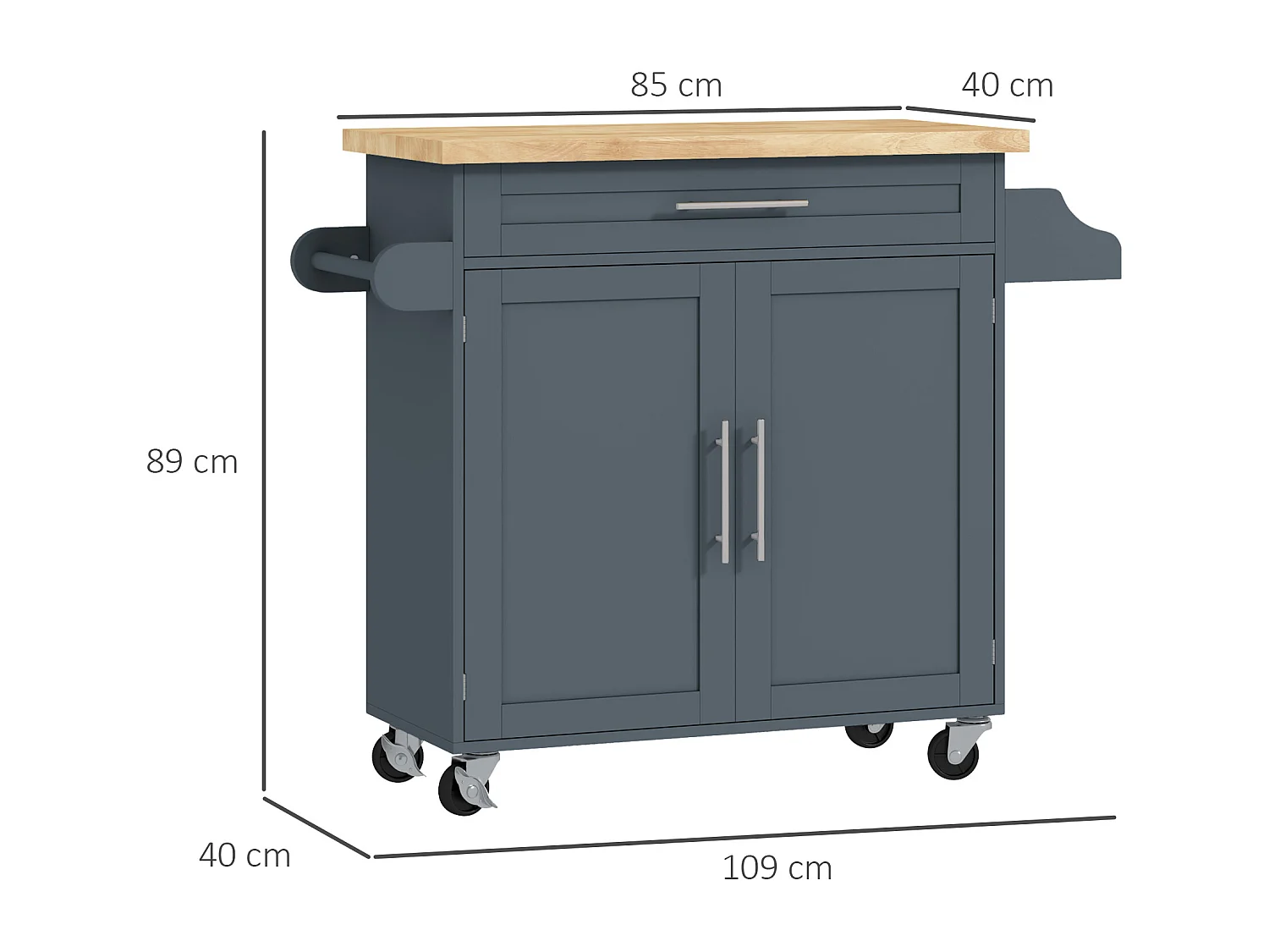 Carrello da cucina con cassetto e armadietto color legno e grigio