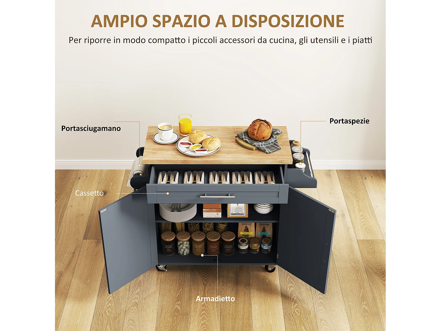 Carrello da cucina con cassetto e armadietto color legno e grigio