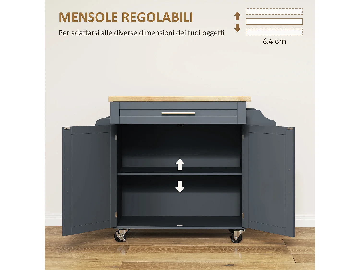 Carrello da cucina con cassetto e armadietto color legno e grigio