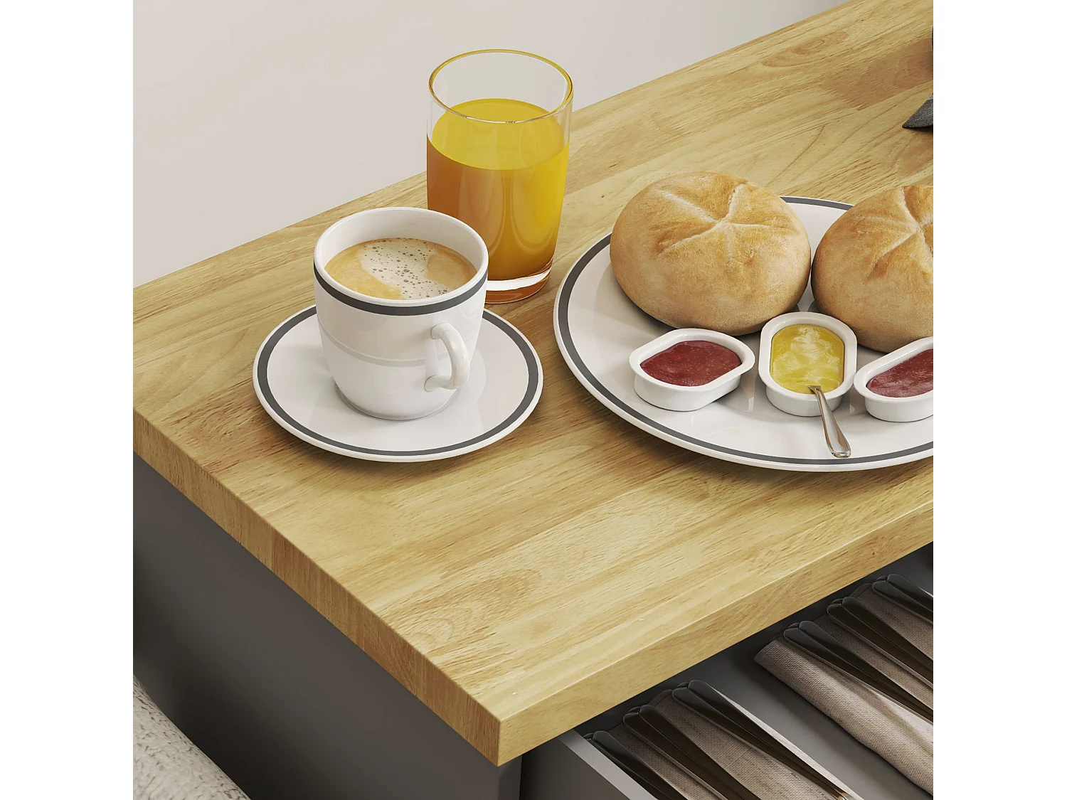 Carrello da cucina con cassetto e armadietto color legno e grigio