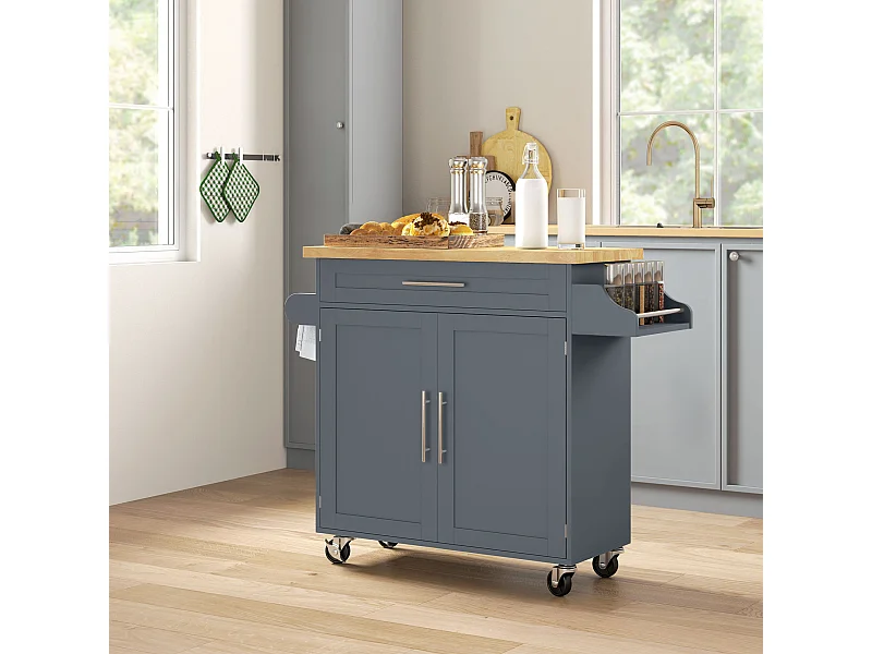 Carrello da cucina con cassetto e armadietto color legno e grigio