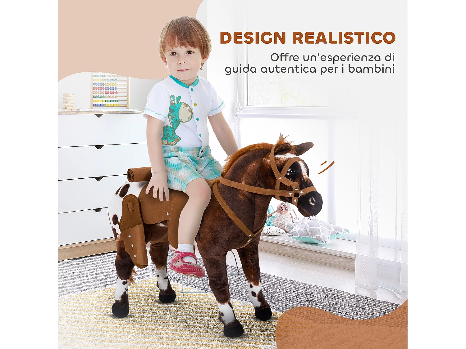 Cavallo a dondolo per bambini con nitrito, sella e staffe marrone